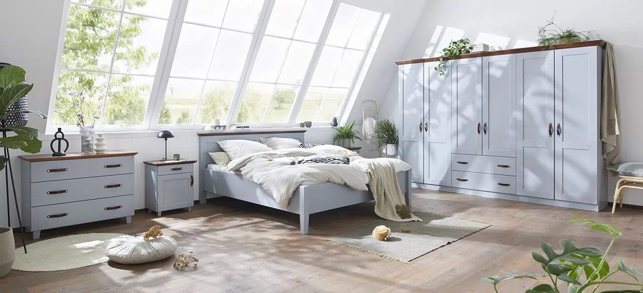 Modernes Schlafzimmer Massivholz grau Set Fichte Ledergriffe FloranceNaturnah Möbel